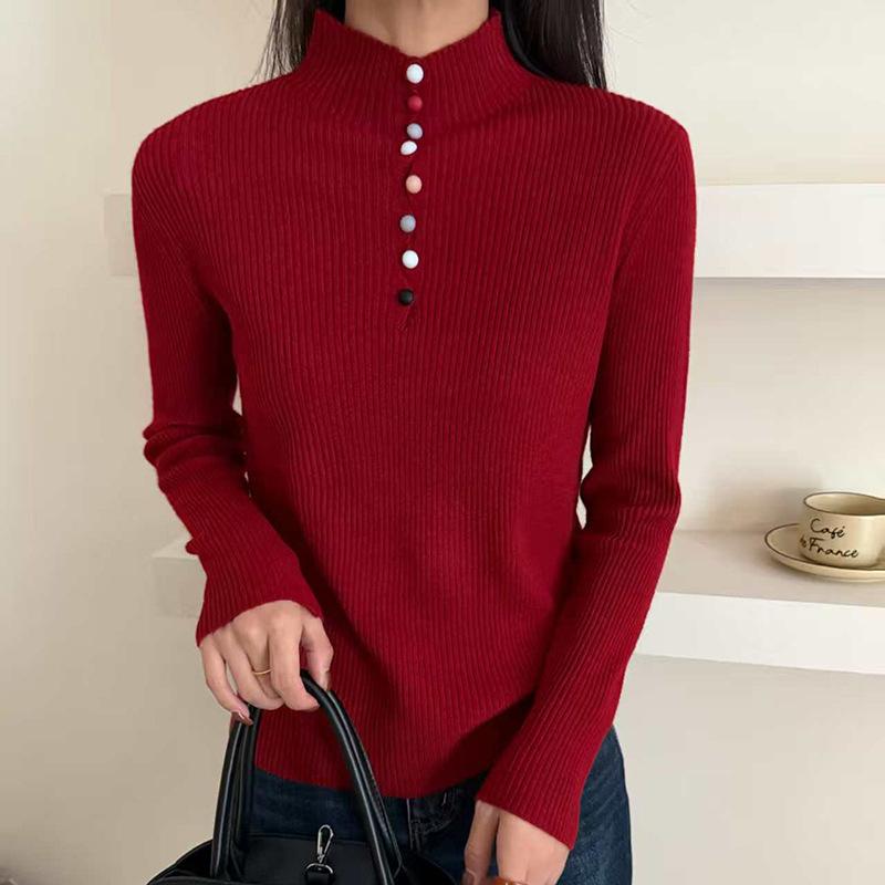 Women's Ribbed Mock Neck Sweater Colorful Button Decor Long Sleeve Knit Top Autumn Casual Wear