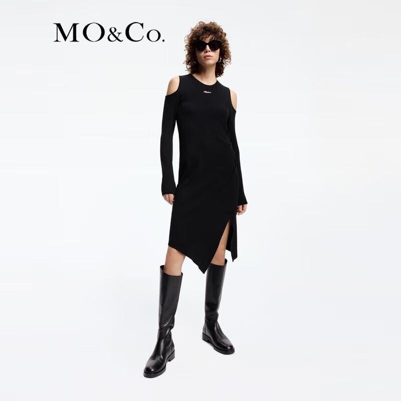 MO&Co. 2024 Spring Metal LOGO Off-Shoulder Irregular Slit Knit Dress