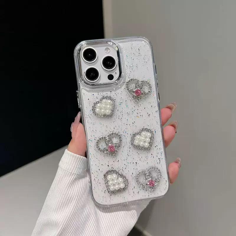 

17promax Чехол для телефона с жемчугом и стразами, бантик, сердечко, для IPhone15, клей для Apple 16, мелкий блеск For iPhone 17Promax