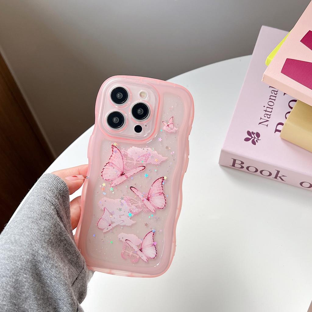 Glitter Sequins Butterfly Bumper Case For iPhone 16 E 15 14 13 12 Mini 11 Pro XR X XS Max 7 8 Plus SE Curly Frame Bling Cover