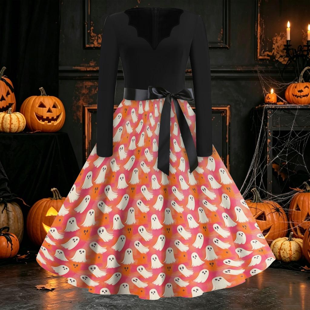 Women's Long Sleeve V Neck Vintage Halloween Dress with Pumpkin Print Retro Casual Midi Dress with Waist Tie for Seasonal Wear