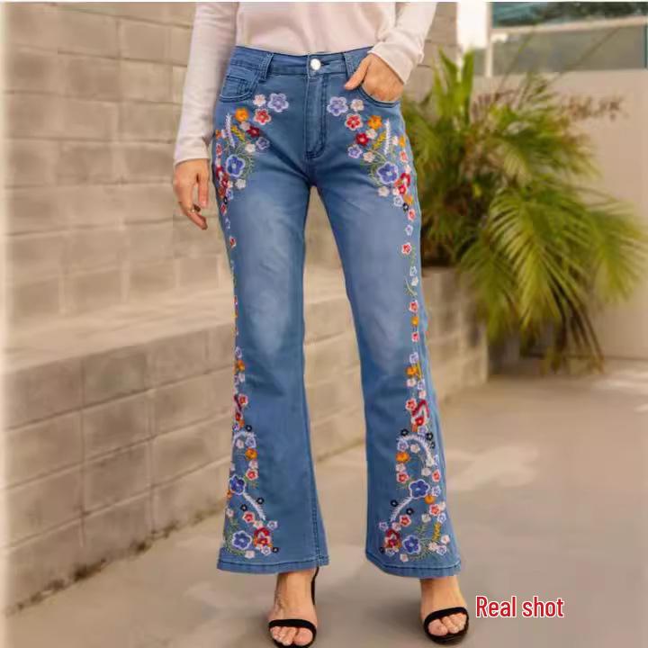 European and American Women's Slim Fit Embroidered Flared Jeans