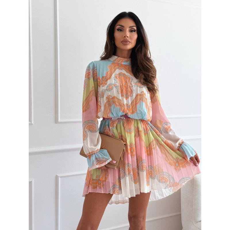 2025 Trendy Women s Long Sleeve Pleated Dress with Stand-Up Collar Medium