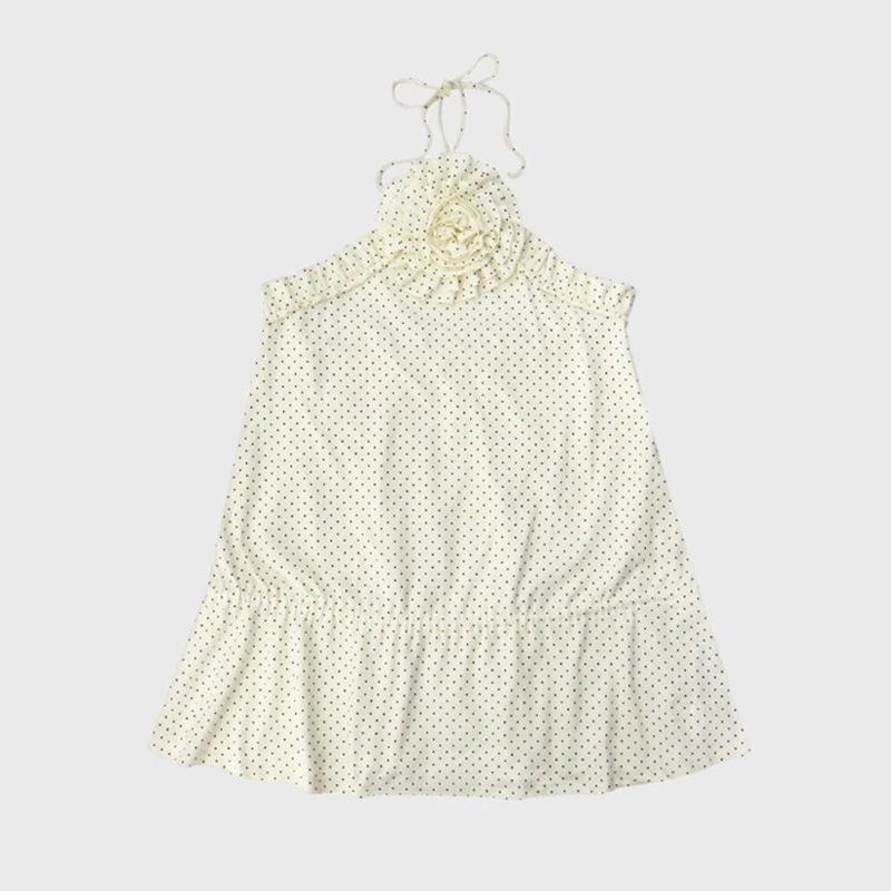 In-Stock Korean Style Polka Dot and Floral Halter Sundress for Women, Summer 2025 One Size