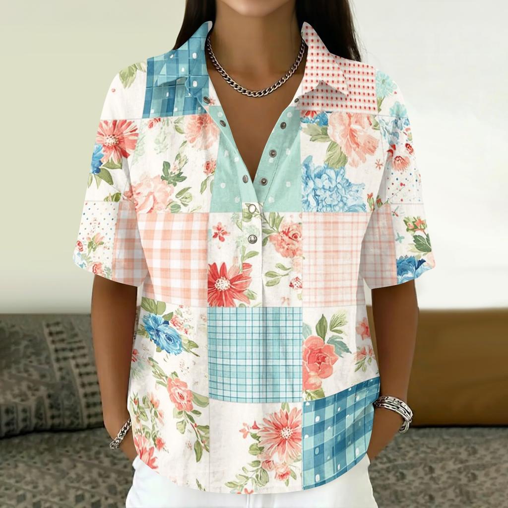 Damen Vintage Blumenmuster Polohemd Knopfleiste Kurzarm Lockerer Schnitt Lässiges Oberteil aus Baumwoll-Leinen-Stoff