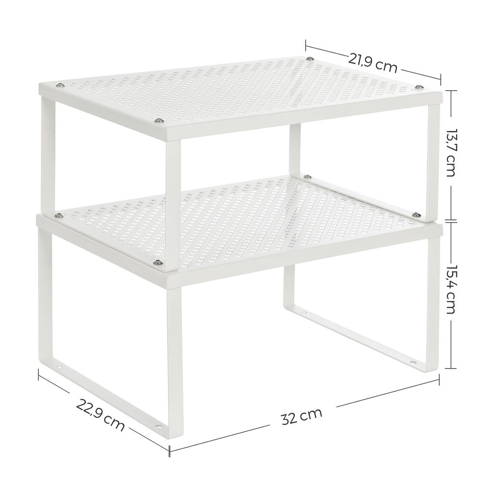 SONGMICS Cabinet Shelf Organizer and Kitchen Shelf Bundle, 4 Stackable Kitchen Cabinet Shelves, Expandable, White and Silver U