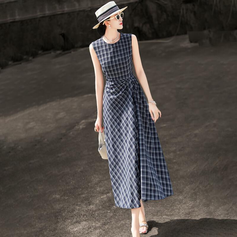 Lanser 2026 French Retro Pleated Plaid Sleeveless Vest Dress