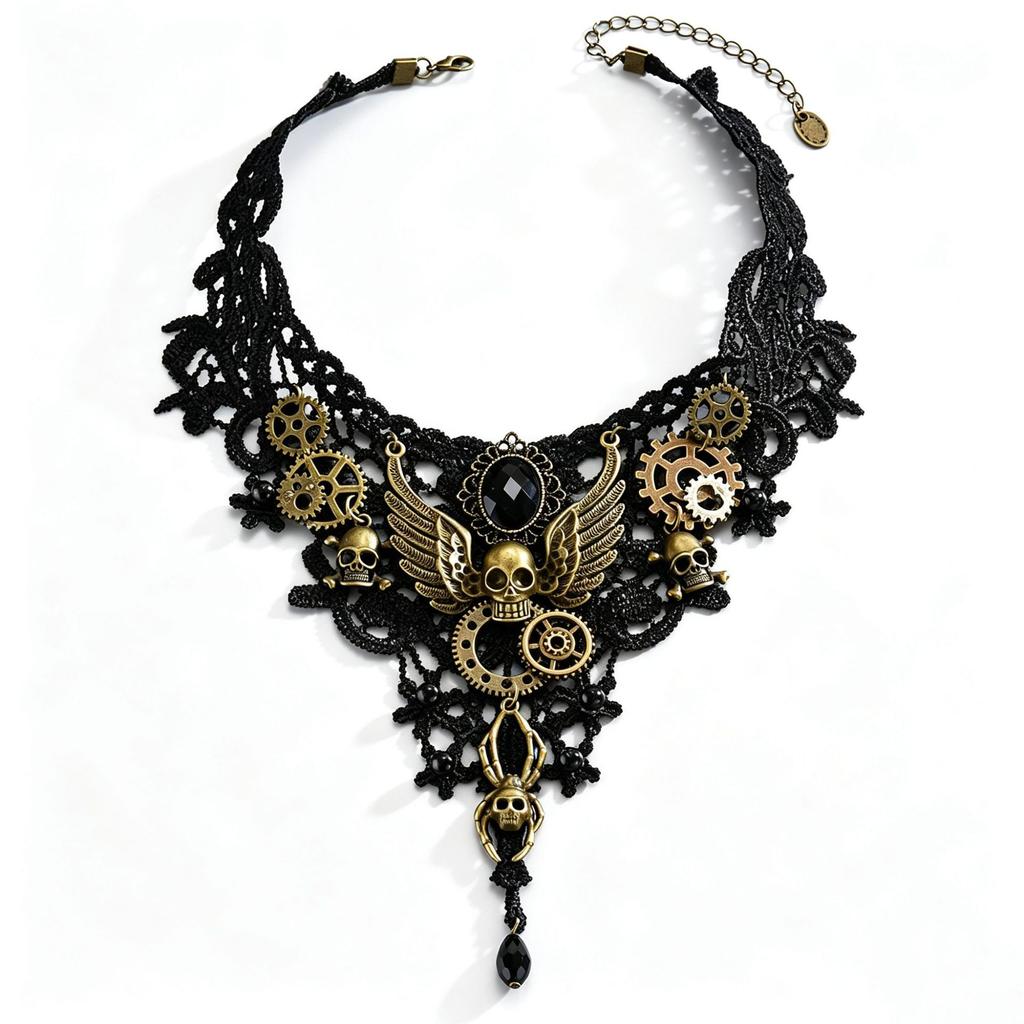 Gothic Lace Choker, Antique Bronze Gear Skull Pendant Dark Style Neck Collar