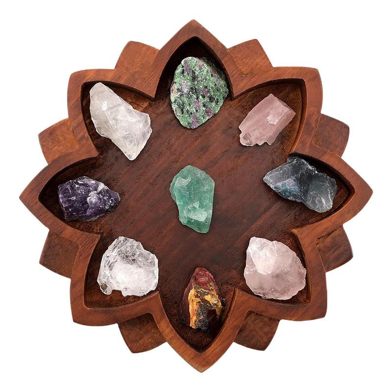 Wooden Lotus Tray Lotus Shape Crystal Stone Holder Crystal Display Tray with Bottom Non-Slip Pad for Aromatherapy Oils Jewelry