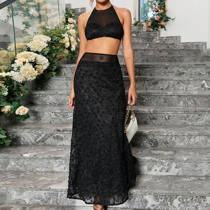European and American fashion neck strap set skirt, three-dimensional rose backless short top and long skirt two-piece set