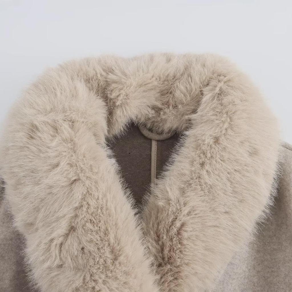 Women's European and American Style Wool Coat with Fur Collar and Belt for Autumn and Winter 
