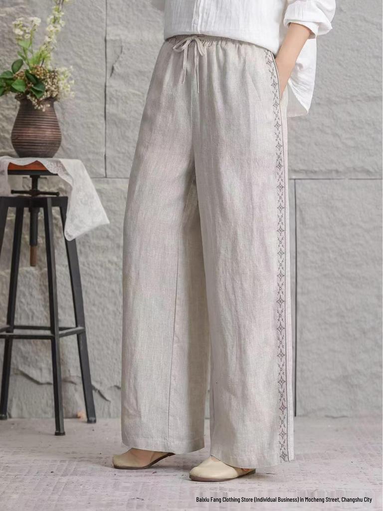 Women's Casual Linen Embroidered Wide-Leg Trousers, Summer 2026 Fashion, Slimming Loose Fit, Large Size Available