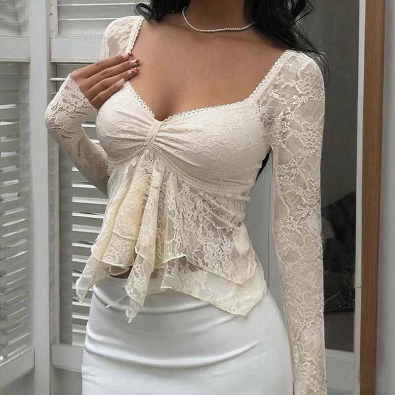 Sexy Backless Lace Long Sleeve Square Collar Slim Cropped Top For Women