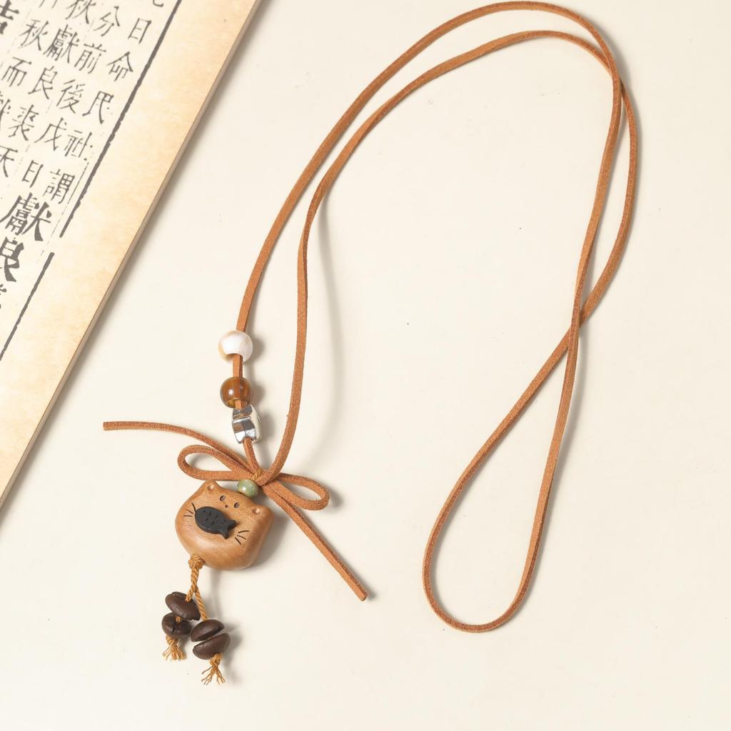 Peach Wood Coffee Bean Bear Pendant Keychain & Necklace Accessory
