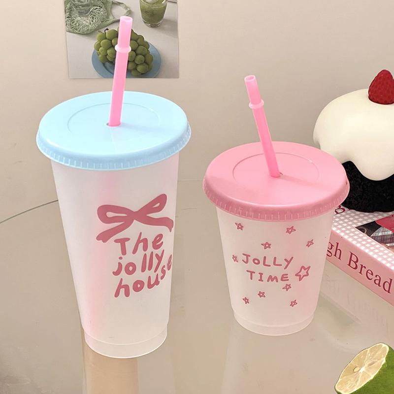 1Pc Ins Portable Reusable Drinking Bottle Kawaii Water Bottle For Coffee Juice Milk Tea Cute Plastic Cold Cups With Straw Lid