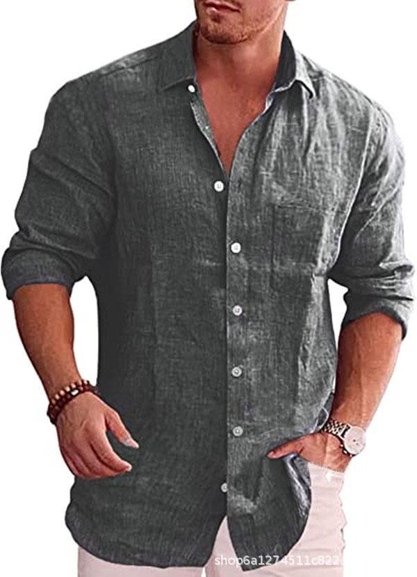 Men s Loose Plus Size Linen Long Sleeve Casual Shirt with Lapel L темно-серого