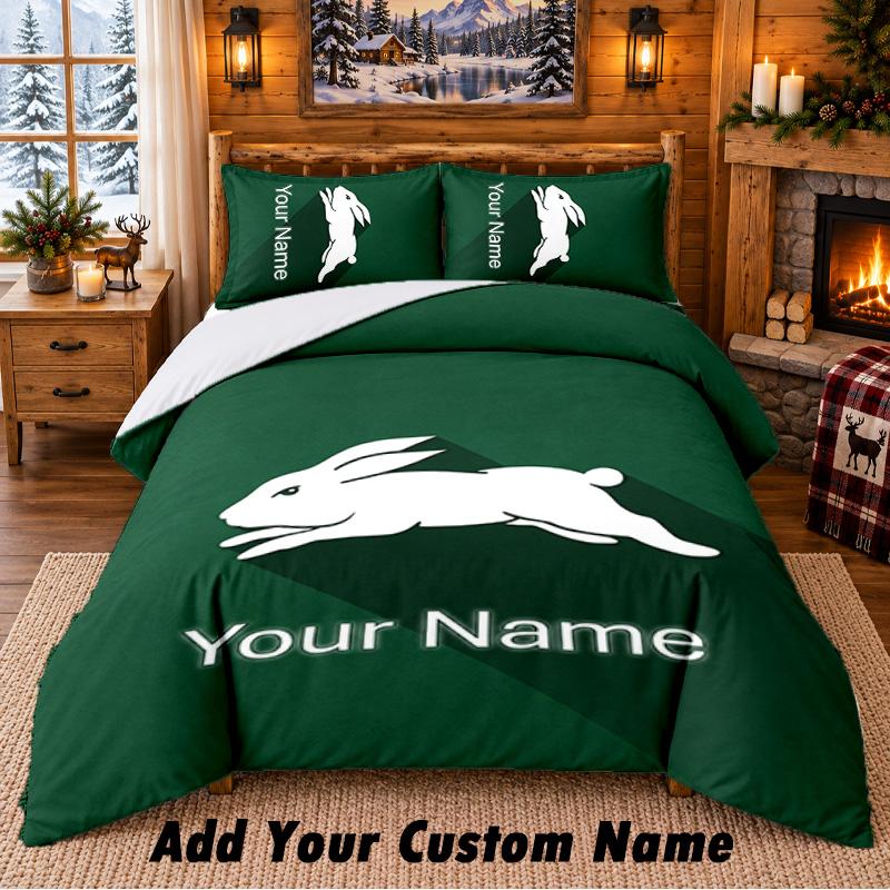 South Sydney Rabbitohs Pattern Bedding 3Pcs Set Custom Name, Bed Sheet And Pillowcases For Home Bedroom