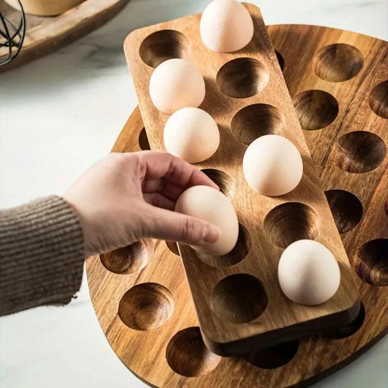 Wooden Egg Tray with Acacia Wood, Japanese Style Egg Storage Container for Fridge and Kitchen Eggs Slot Holder