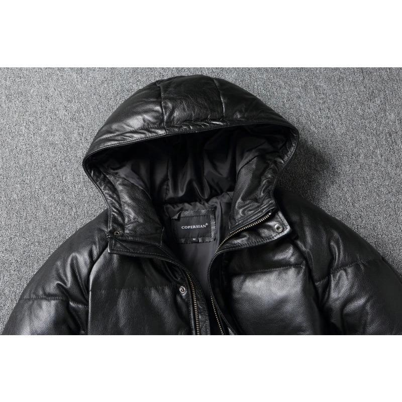 Chinese Size Raglan Sleeve Thick Men Leather Jacket Hood Warm Duch Down Coat Winter Jackets Genuine Cow Leather Coats Mens Clothing