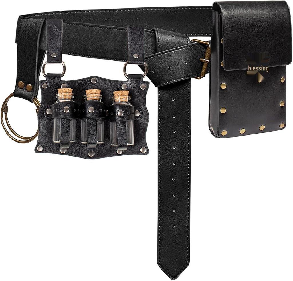 Medieval Leather Waistband Belt with Cord and Pouch