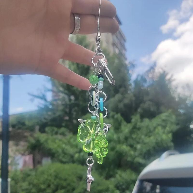 Anime Green Four Leaf Clover Cosplay Keychain Keyring Phone Chain Key Chain Star Colorful Button Pendant Jewelry Accessory Props