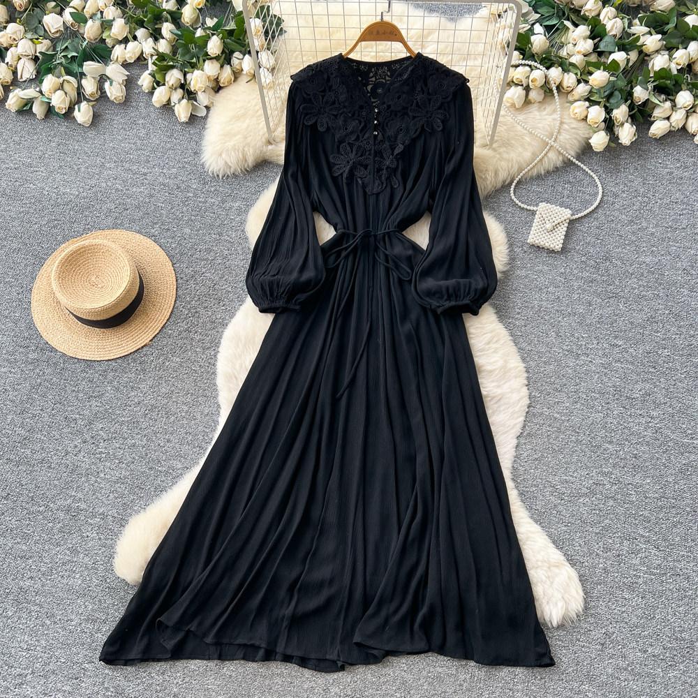 Retro elegant wind lantern sleeves V-neck lace splicing dress women's waist and thin temperament long dress