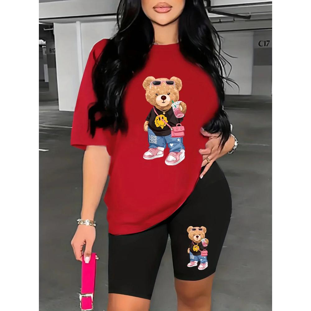 Summer Women's Bear Cartoon Print Casual Loose Round Neck Short Sleeved T-shirt