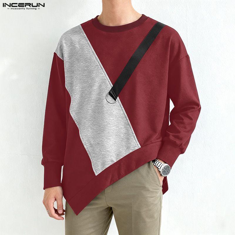 INCERUN T-shirt e Top Casual Larghi da Uomo a Manica Lunga con Patchwork Irregolare e Girocollo