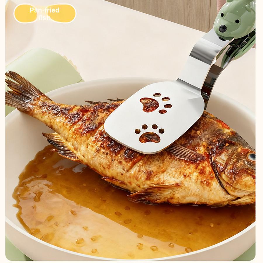 Small Bear Fried Fish Turner 2-in-1 Stainless Steel Food Clip Long Handle Anti-Slip Oil Draining Spatula Heat Resistant Clip