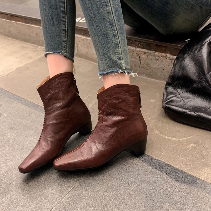 3.5CM Minimalist Elegant Ankle Boots Women Square Toe Chunky Heel Back Zip Short