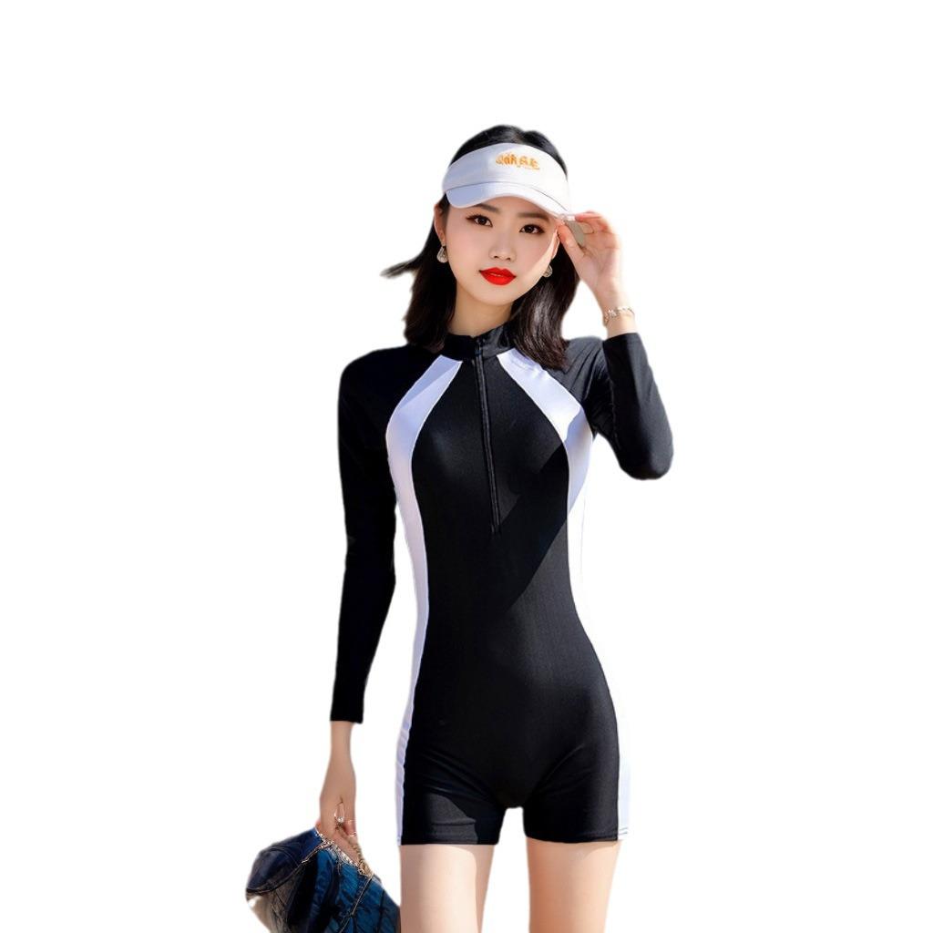 Women's One-Piece Quick-Drying Long Sleeve Sport Swimsuit - Conservative, Slimming, Belly-Covering, Surfing-Style.