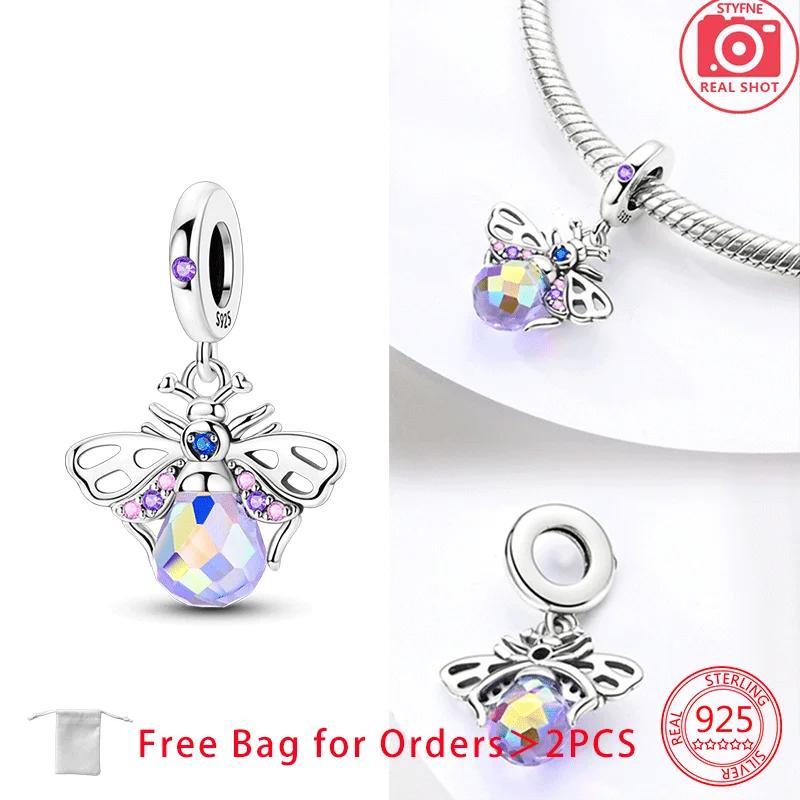 Original Copper Luminous Firefly Purple Zircon Firefly Heart-Love Charms Beads Pendant Fit Bracelet For Women Diy Gift