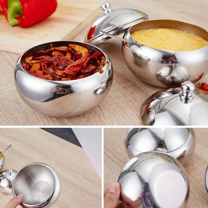 Stainless Steel Seasoning Jar Sugar Cereal Spice Bottle Bowl Drum-Shaped with Spoon Lid Kitchen Storage Pot Home Gadgets
