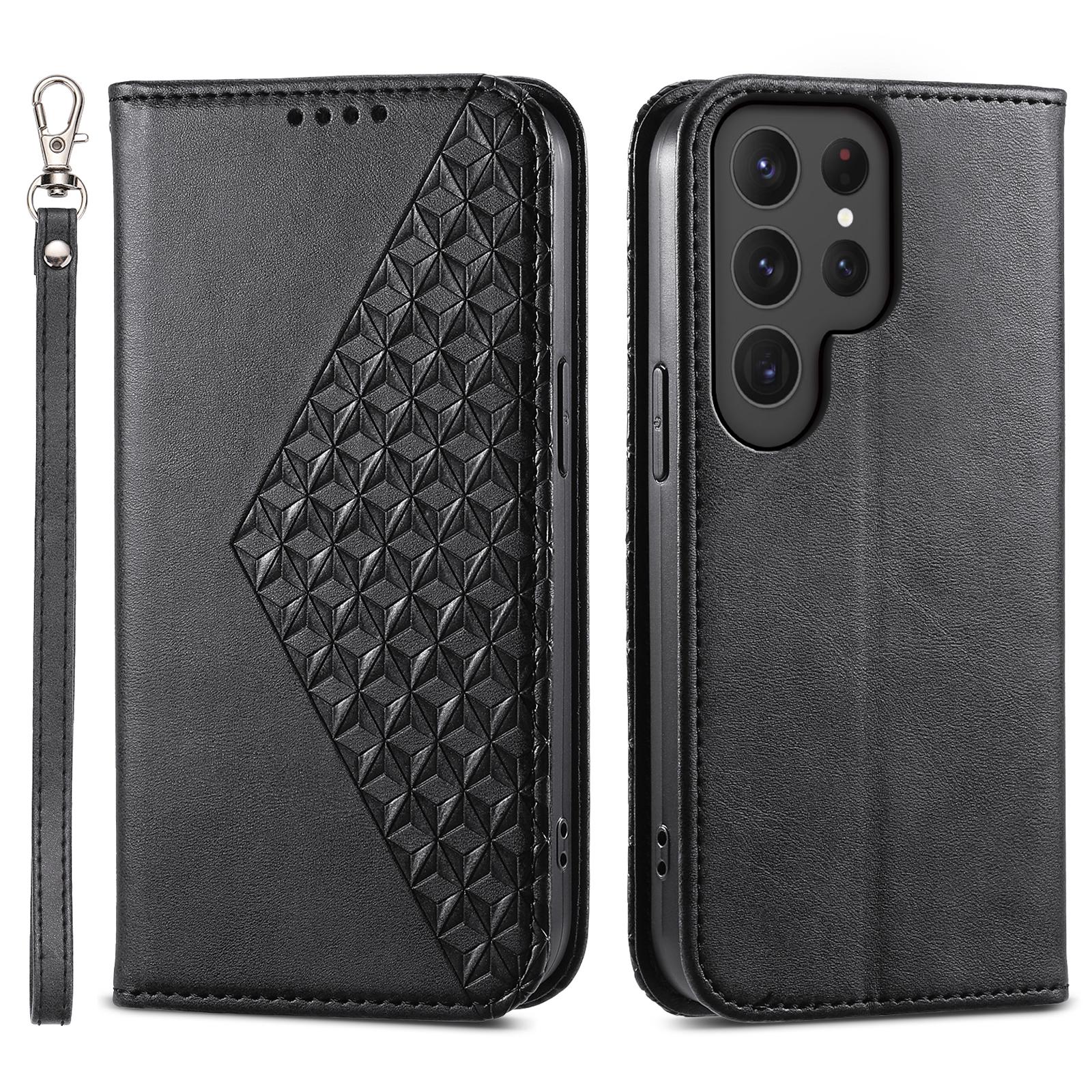

For Samsung Galaxy S24 Ultra Case Imprinted PU Leather+TPU Cell Phone Wallet Cover Black