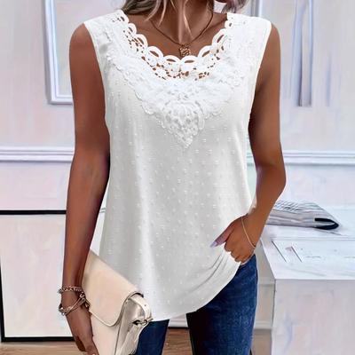 Frühling Sommer Damen V-Ausschnitt Ärmellos Spitze Besatz Tanktop, Lässiges Mode Weste T-Shirt für Damen, Grenzüberschreitende Damen Lässige Tops