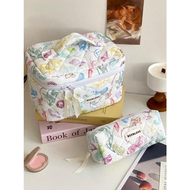 1Pc Colorful Marine Life Pattern Quilting Cosmetic Bag, Cosmetic Pouch, Makeup Bag Large Capacity Kawaii Toiletries Bag Travel Toiletry Organizer