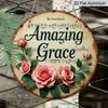 2D Flach, 1 Stück Rundes Aluminium-Hängeschild, „Amazing Grace“ Notenblatt & Rosa Rosen Design, Vintage Christliches Hymnen Metallschild, Perfekt für