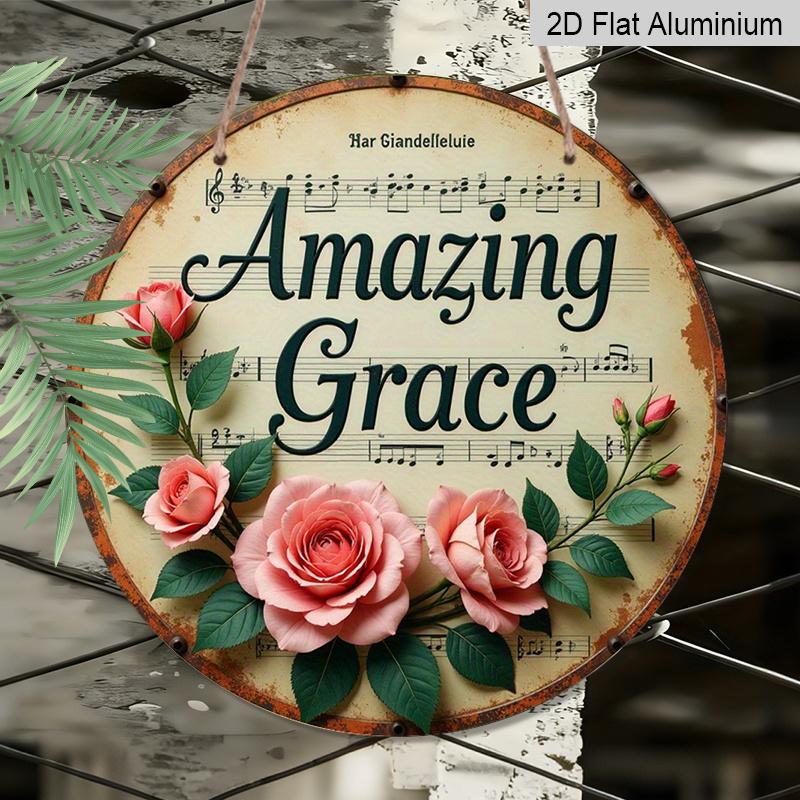 2D Flach, 1 Stück Rundes Aluminium-Hängeschild, „Amazing Grace“ Notenblatt & Rosa Rosen Design, Vintage Christliches Hymnen Metallschild, Perfekt für