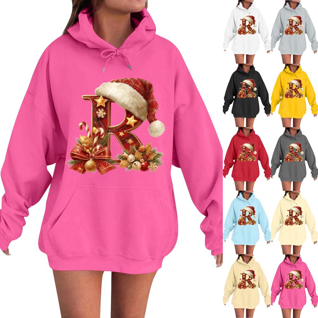 Women's Casual Comfortable Long-Sleeved Christmas Letter-Printed Warm Hooded Crew-Neck Sweatshirt