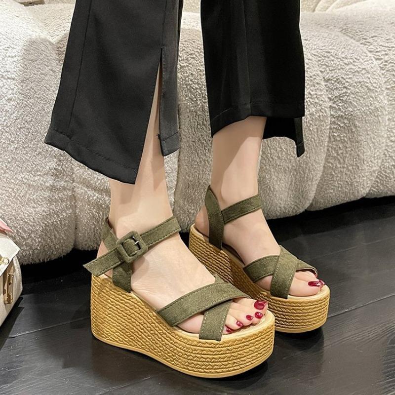 

Retro fish mouth wedge sandals new cross strap buckle beach shoes women s large size sandals 42