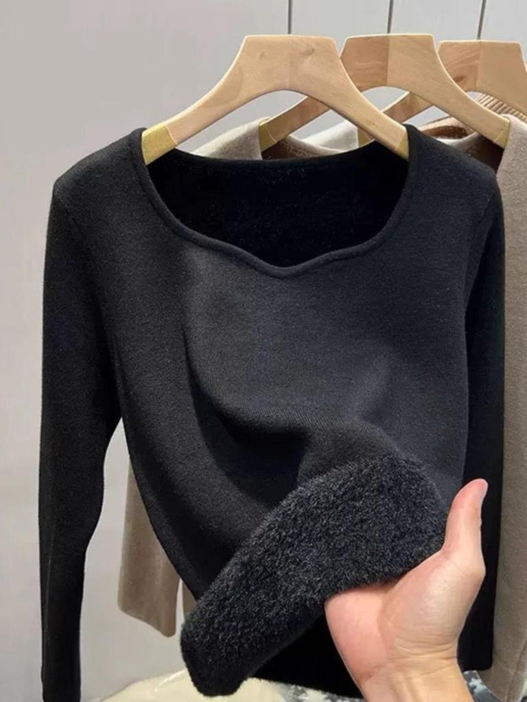 Women's Warm Fleece-Lined Square Neck Base Layer Top for Autumn/Spring/Summer