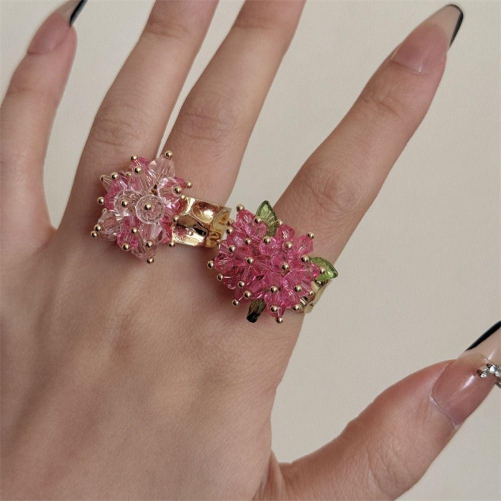 Korean Style Y2K Open Ring Firework Finger Buckle Cute Beaded Flower  Ring  Decoration