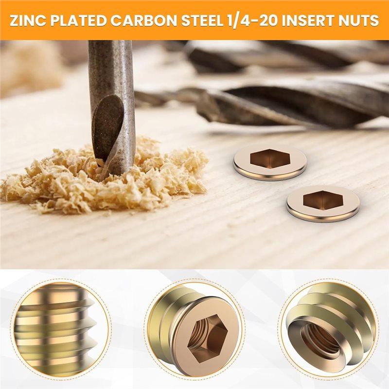 A74E-Threaded Insert And Bolt Kit- 50 Sets Of 1/4-20 X 19/32" For Wood, Hex Socket Drive Furniture Screw Nut Assortment
