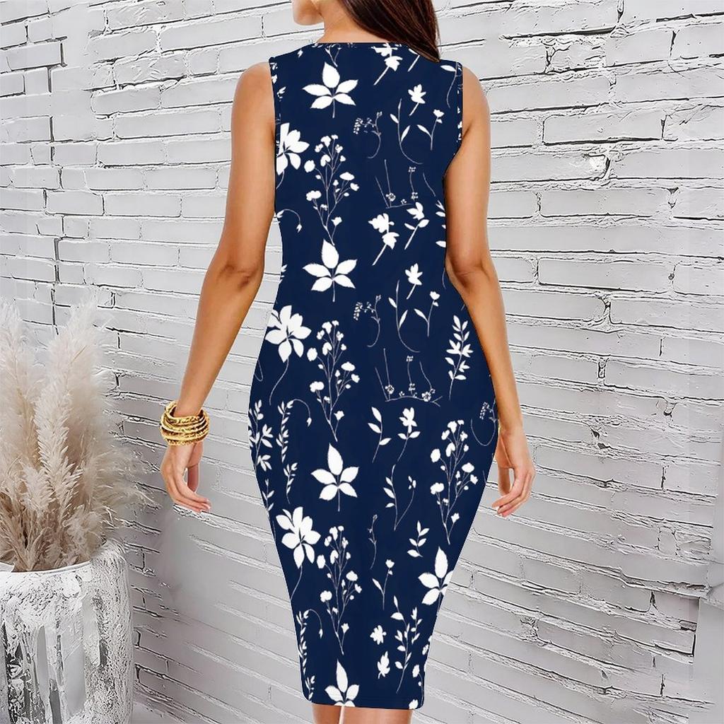 Women Plus Size Sleeveless Round Neck Midi Bodycon Dress White Base Red Rose Floral Print Slim Fitted Dress