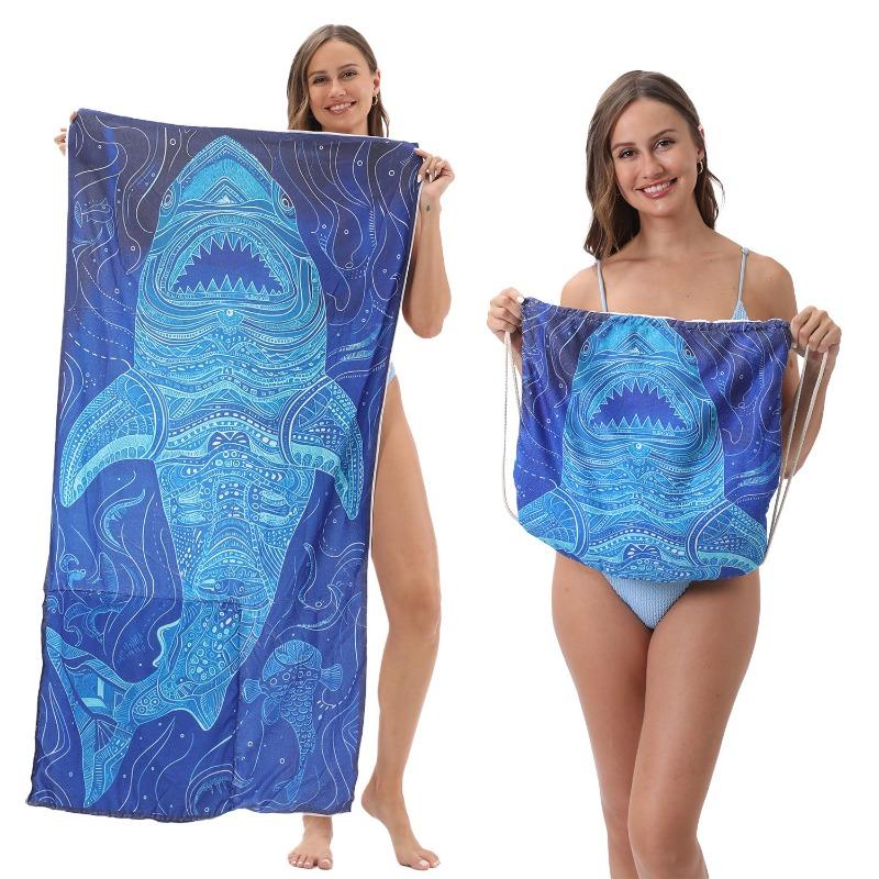 2-in-1 Foldable Beach Towel Backpack,Camping, Yoga and Travel, Absorbent Printed Bath Towel with Built-in Storage, Convertible Beach Mat Carry Bag,1pc
