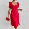 Women Square Neck Puff Sleeve Ruched High Waist Red A Line Solid Dress