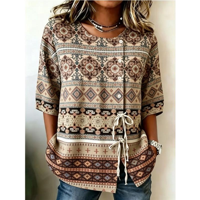 Women's Spring Summer Drawstring Blouse, Boho Aztec Geometric Print Casual Tops for Daily Street Holiday Dating & Leisure Outfit