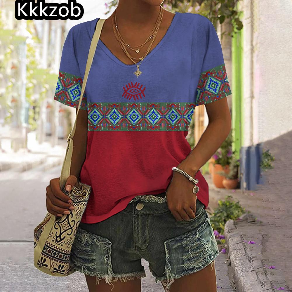 2025 Vintage Shirt for Women Totem Printed Ethnic Style Women's Clothing Summer Casual Short Sleeved Tops Tees Oversized T-Shirt