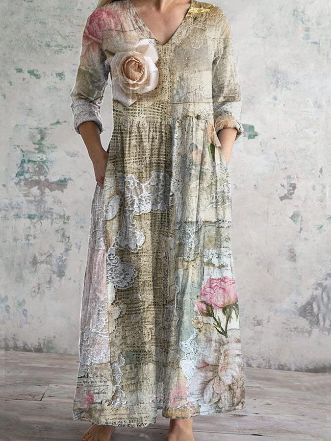 Damen Langarm V-Ausschnitt Maxi Kleid mit Streifenmuster, Knöchellanges Fließendes Kleid, Lässig Elegantes Kleid