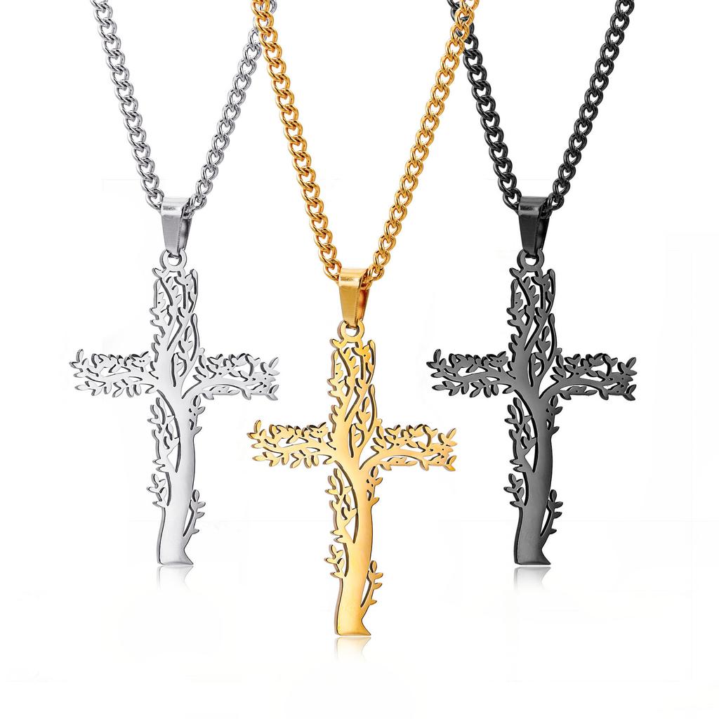 Stainless Steel Tree Trunk Cross Shape Necklace for Women Choker Aesthetic Jewelry Gift